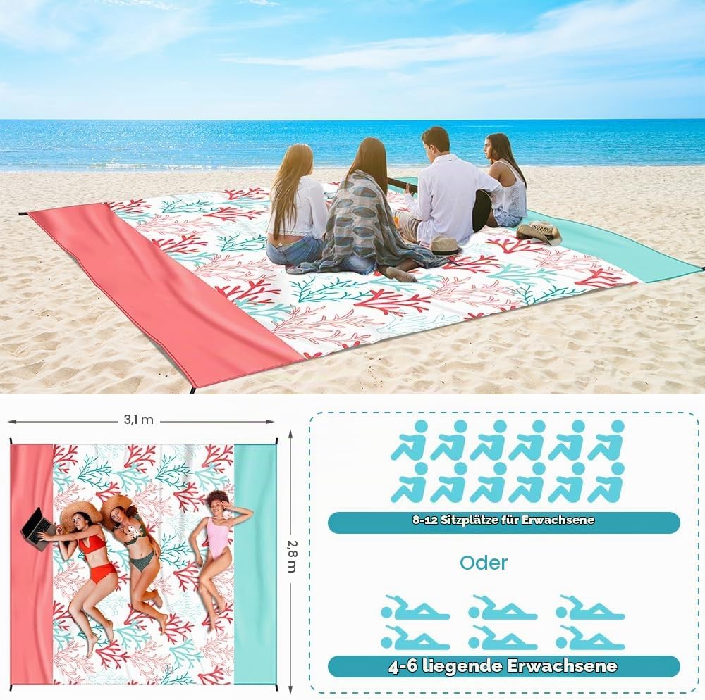 Stranddecke Picknickdecke sandfrei super gross 310x280cm, wasserdicht bequemes 210D-Nylon, Faltbar S