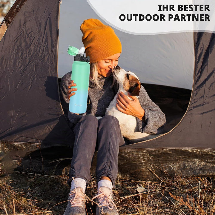 OLDLEY Edelstahl Trinkflasche mit Strohhalm, 1L Isolierte Trinkflasche, Thermosflasche BPA-freie - A