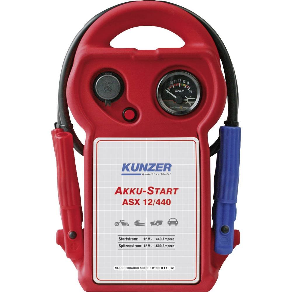 KUNZER ASX 12/440 Akku-Start tragbar 12V 1.600/440 A, Startgerät, Ladekabel | austauschbare AGM Batt