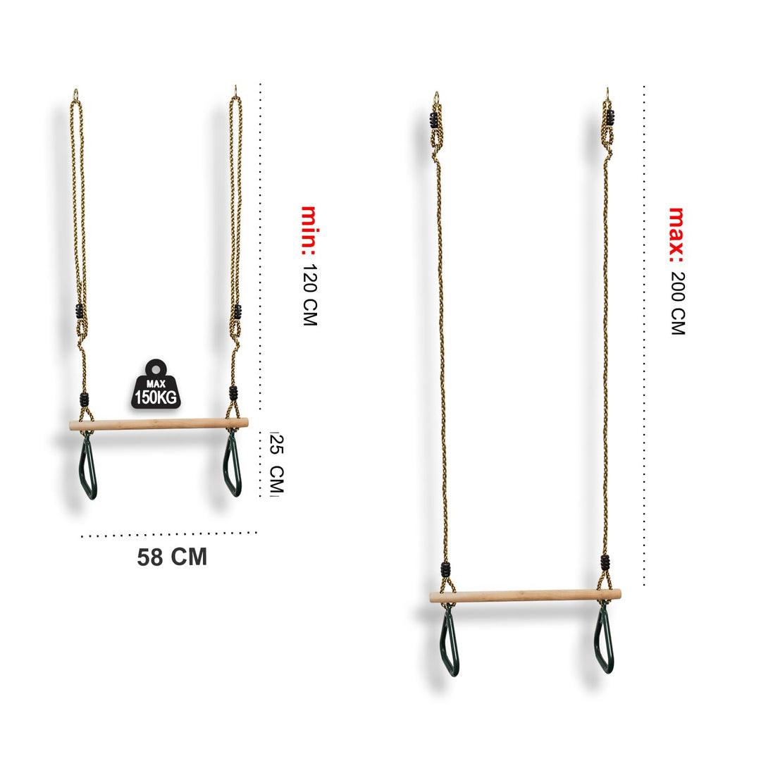 Leogreen Kinder Holz Trapeze Schaukel mit Kunststoff Turnringe, Aufhängen belastbar bis 150KG, Schau