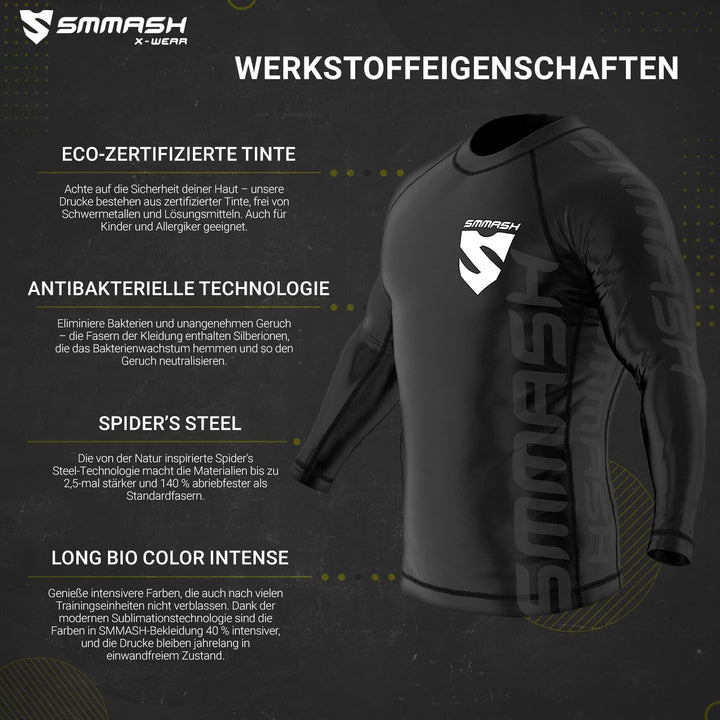 SMMASH Langarmes Rashguard für Herren, Funktionsshirt MMA BJJ Kickboxen Thai Box Cross-Training Fitn