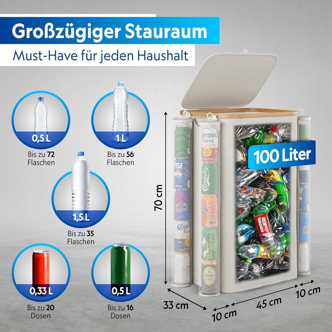 Pfandflaschen Sammelbehälter mit Deckel und Kordelzug - 100L, 1 Fach, 2x Tragetasche für PET Flasche