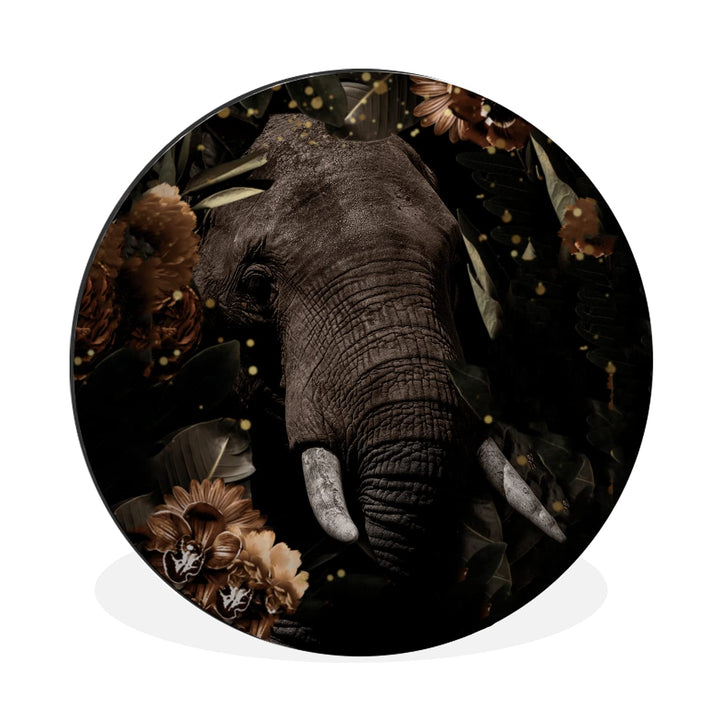 MuchoWow Wandbild Rund Wanddeko Deko Wohnzimmer Bilder 30x30 cm Elefant - Blumen - Licht - Botanisch