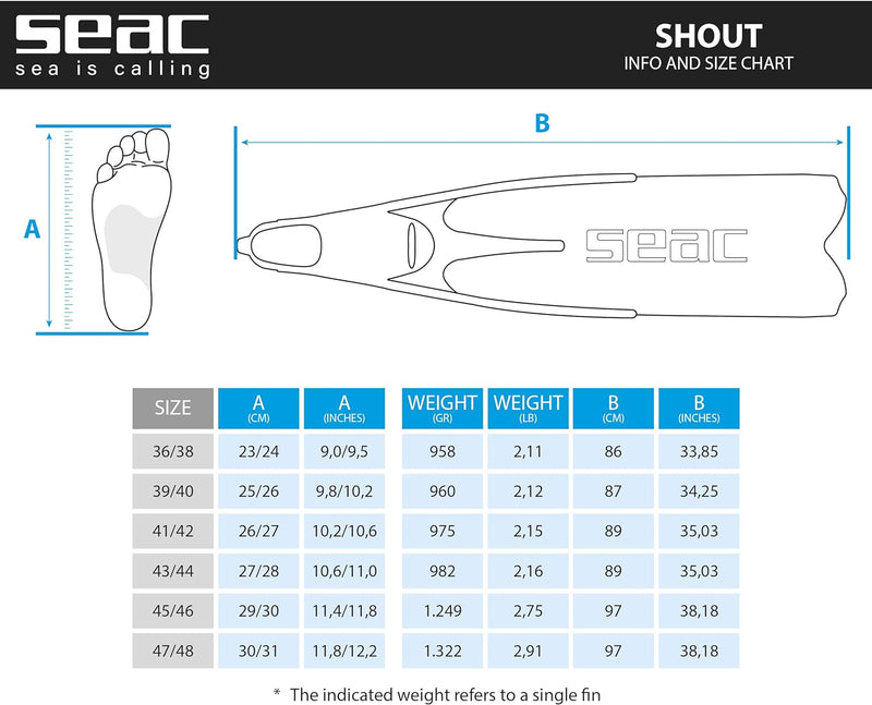 Seac Unisex-Adult Shout Lange Fussteilflossen für die Unterwasserjagd und zum Freitauchen Grau 36/38