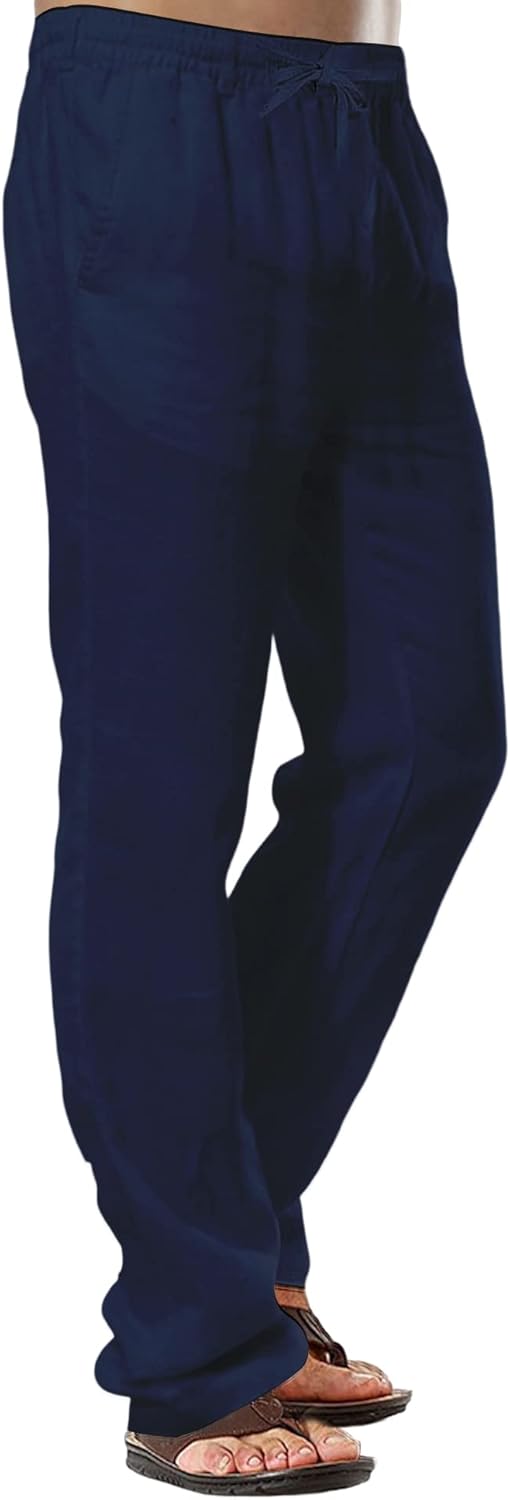 Herren-Leinenhose, lässige Baumwollhose, Sommerhose, Strandhose, leichte Hose mit Kordelzug M Marine