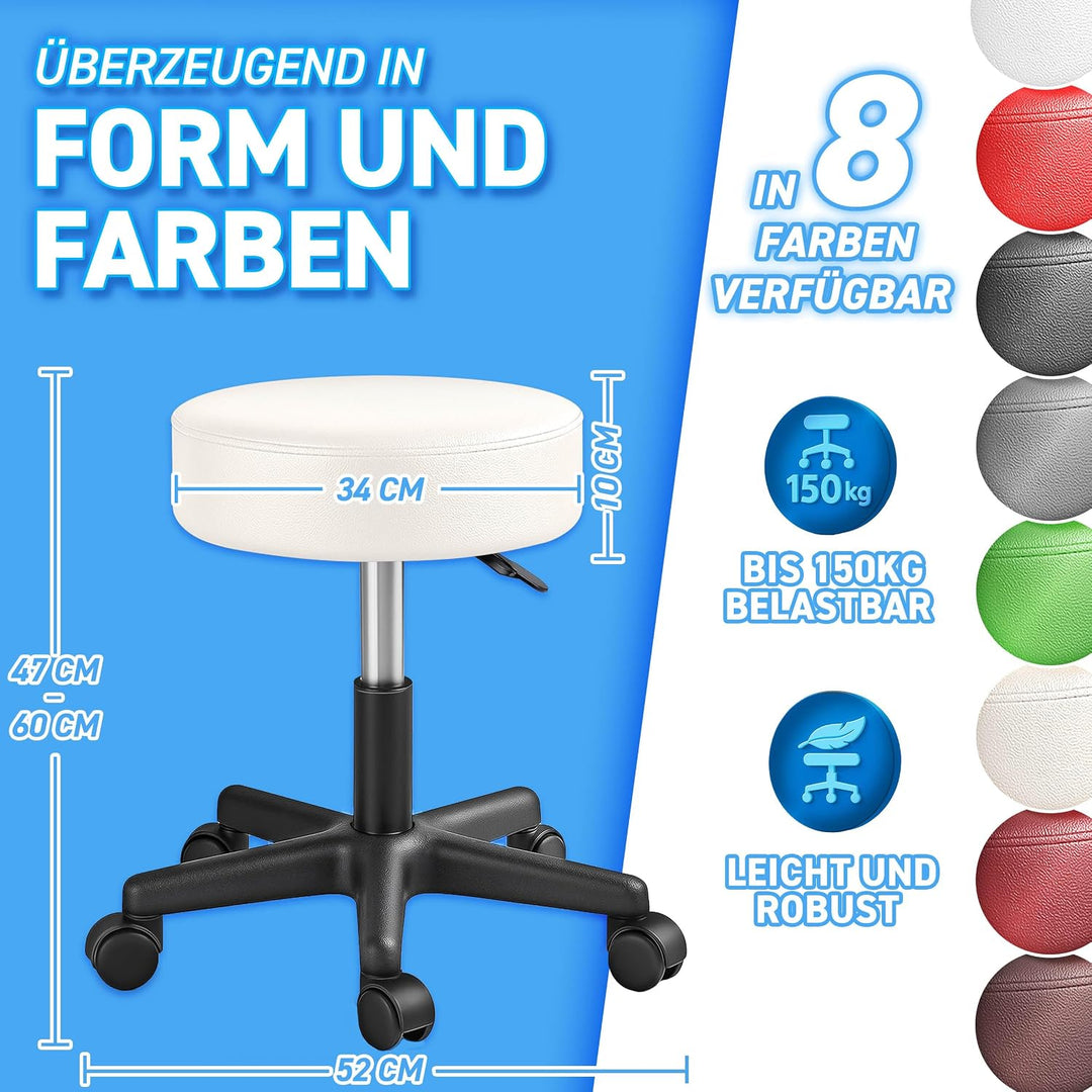TRESKO® Rollhocker höhenverstellbar 10 cm Dicke Polsterung bis 150 kg | Hocker 47-60cm | Arbeitshock