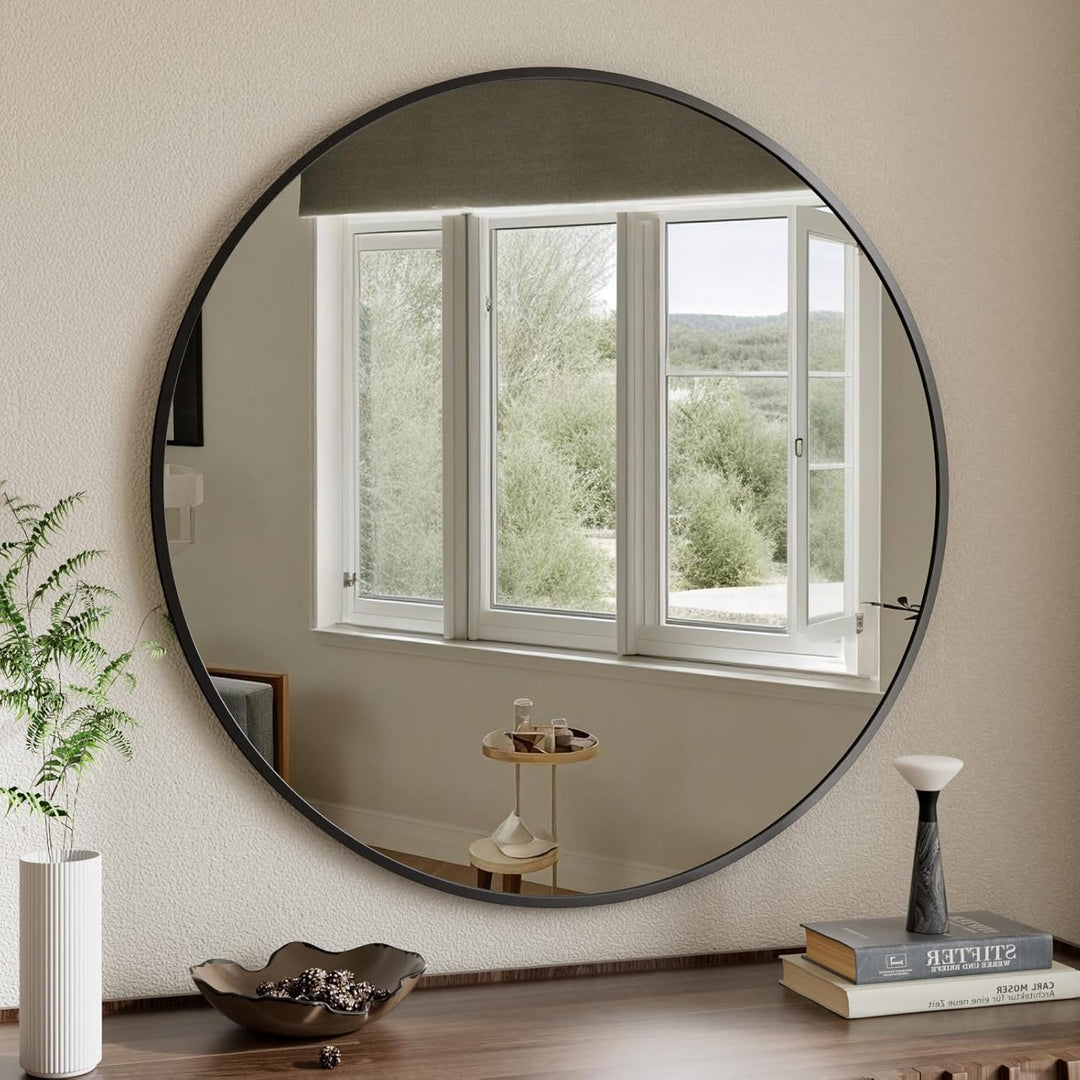 Spiegel Rund Schwarz 122cm, runder Wandspiegel mit Aluminiumrahmen, Einfache Montage, Modern Spiegel