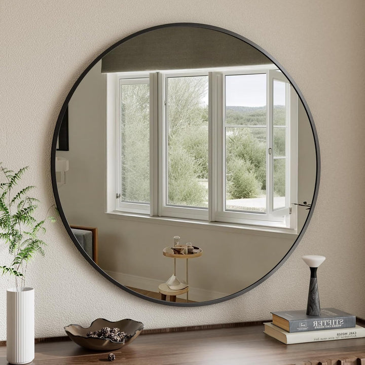 Spiegel Rund Schwarz 122cm, runder Wandspiegel mit Aluminiumrahmen, Einfache Montage, Modern Spiegel