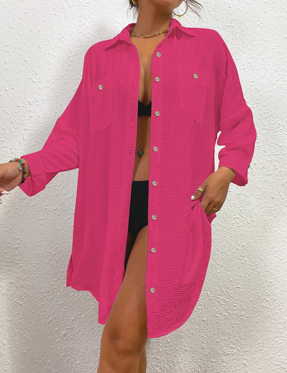 Bsubseach Sommer Strandkeid für Frauen Button Down Strand Shirt Kleid Badeanzug Cover Up V-Ausschnit