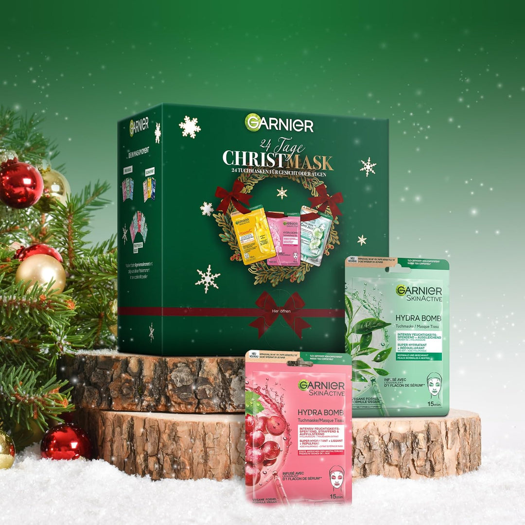 Garnier Tuchmasken Adventskalender: 24 Tage Beauty-Verwöhnung mit feuchtigkeitsspendenden Gesichts-