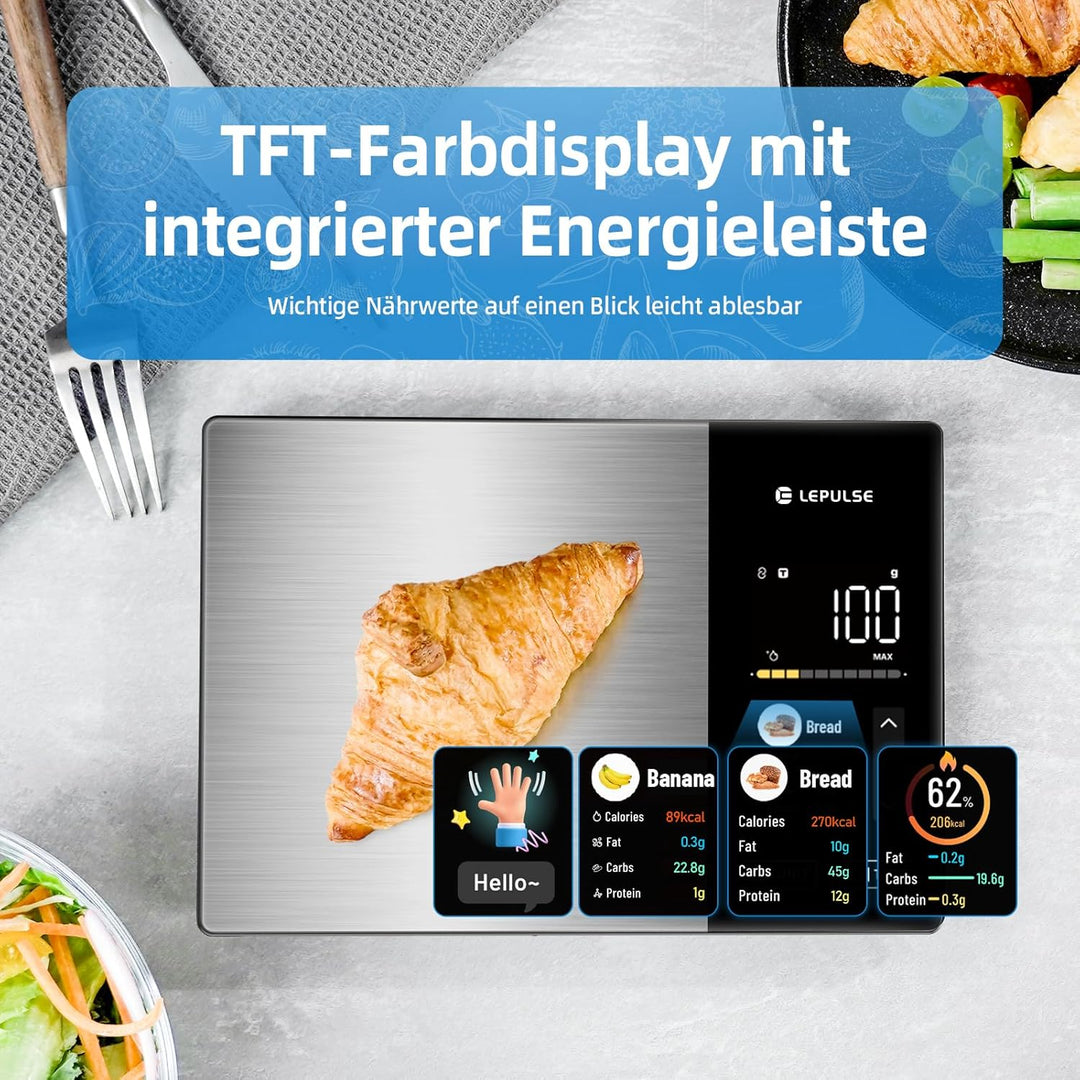 Digitale Küchenwaage mit Nährwertberechnung, Lebensmittelwaage mit 24 Nährwertanalyse, 5kg Edelstahl