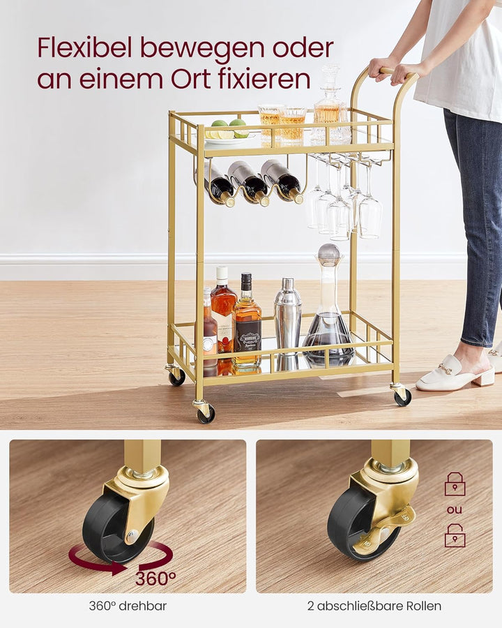 VASAGLE Servierwagen, Rollwagen, Gläserhalter, 2 verspiegelte Glasablagen, Barwagen, Weinwagen, für