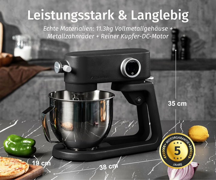 5L Vollmetall-Küchenmaschine,Pizzateig Knetmaschine,Teigmaschine mit leisem Kupfer-DC-Motor, 4 Edels