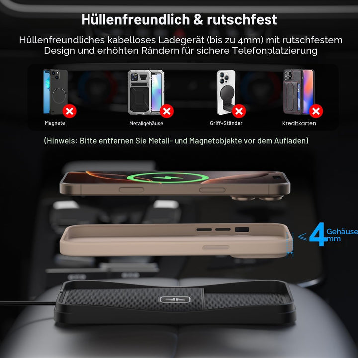 Polmxs Induktives Laden Auto, 15W Schnelles Kabelloses Ladepad Auto rutschfeste Induktive Ladestatio