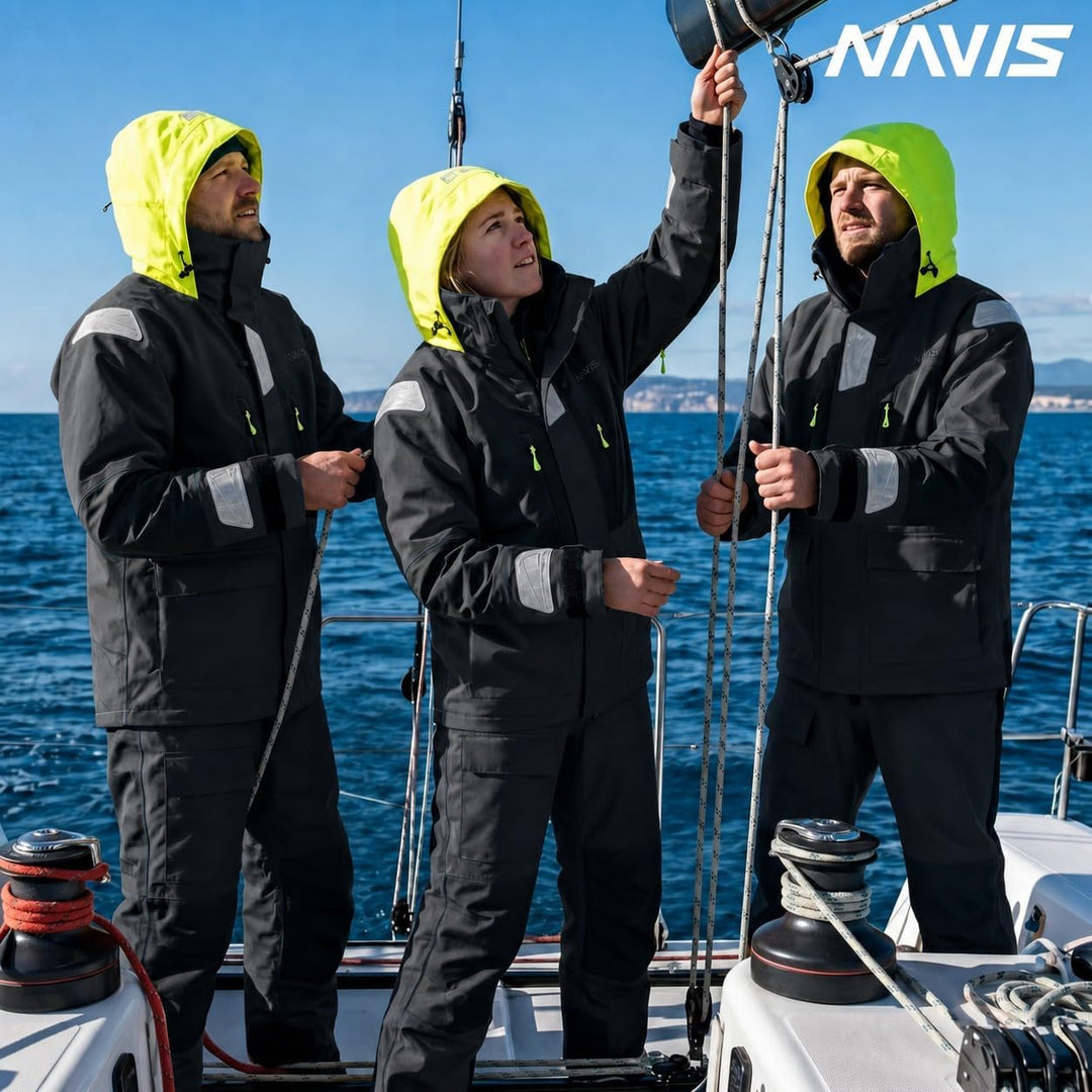 Herren Offshore Segelanzug 3-Lagen Wasserdicht Atmungsaktiv - Profi Segeljacke mit Neon-Kapuze & Ref