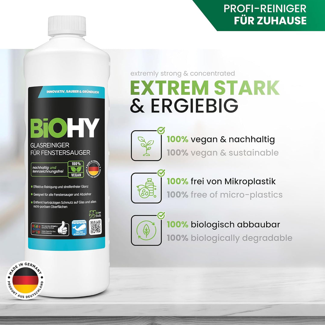 BiOHY Glasreiniger für Fenstersauger (9 x 1 Liter) + Dosierer | Fensterreiniger Konzentrat für alle