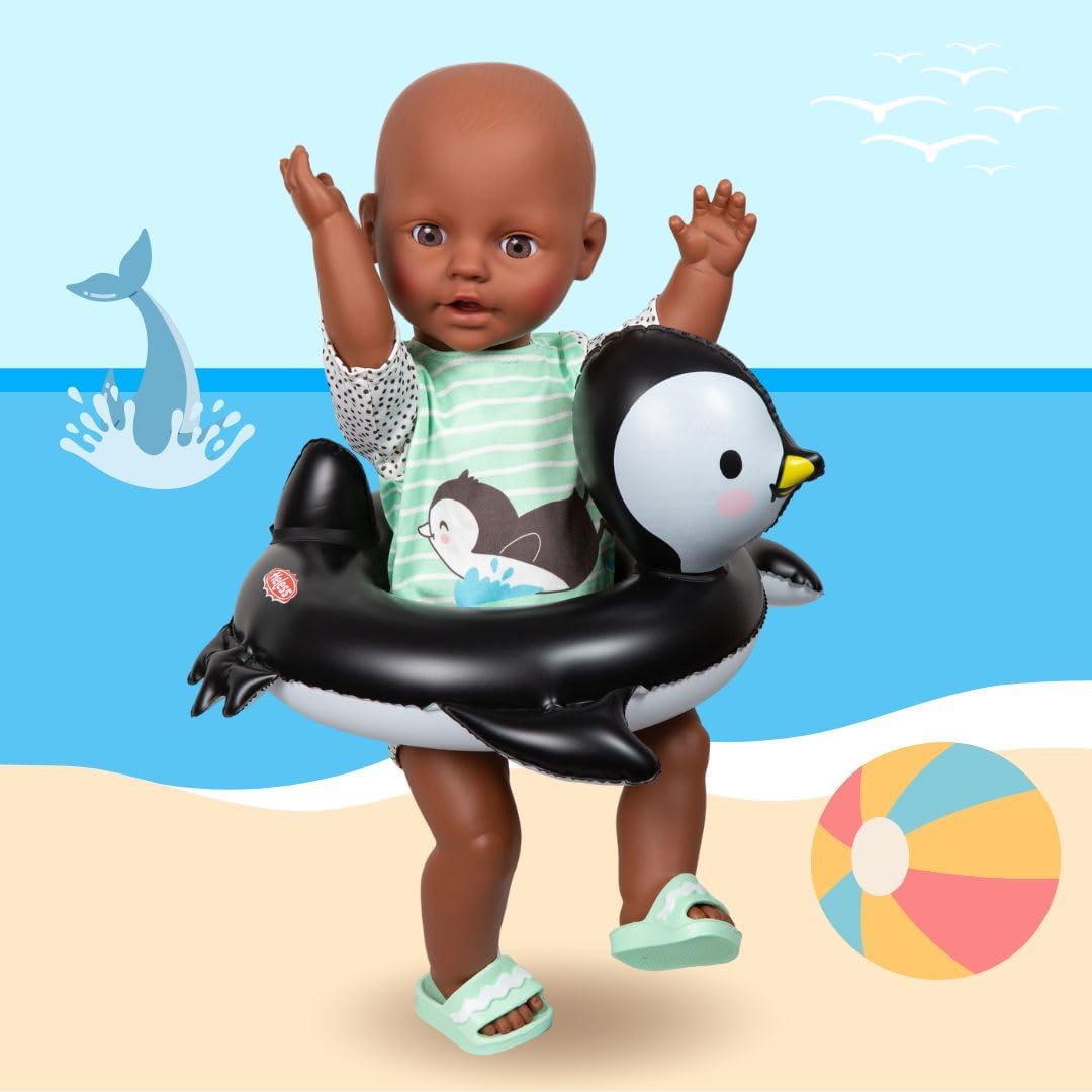 Heless 11 - Schwimm-Set für Puppen im Pinguin Pünktchen-Design, 4 teilig mit Schwimm-Outfit, Badesch