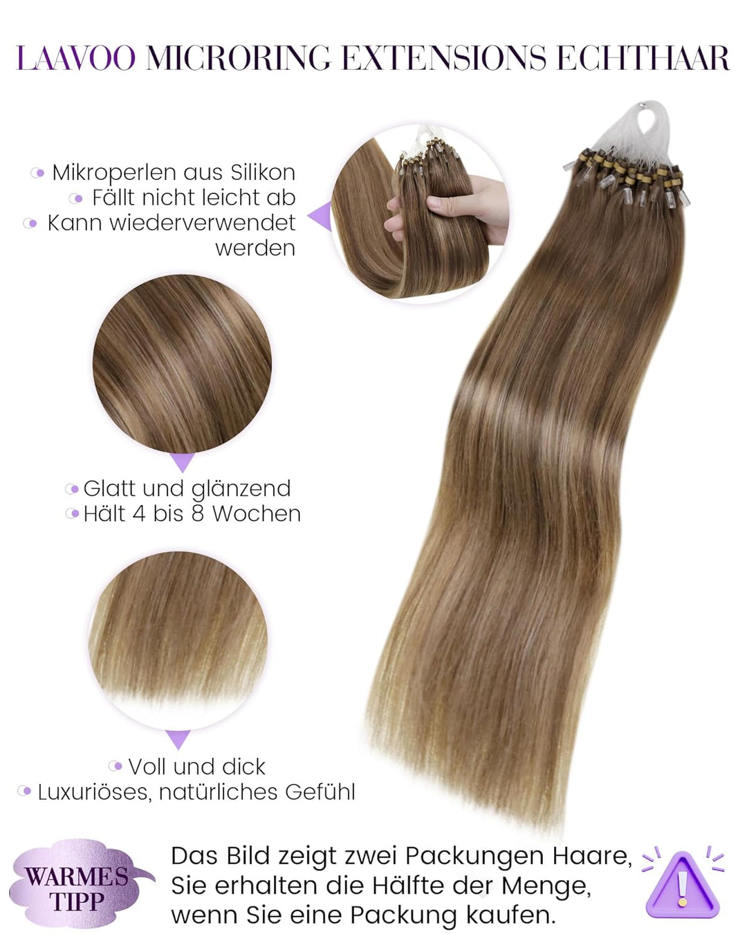 LaaVoo Microring Extensions Echthaar Balayage Hellbraun Ombre Goldblond Cold Fusion Echthaar Extensi