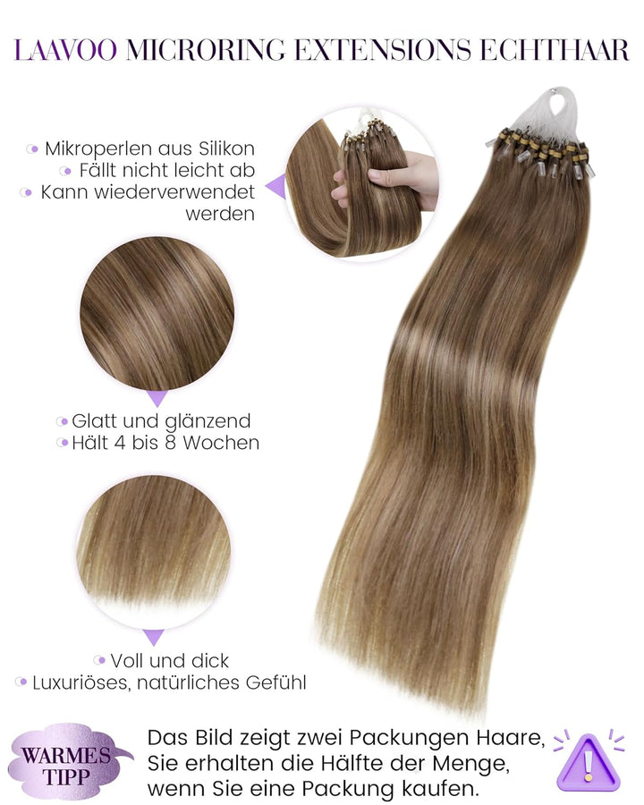 LaaVoo Microring Extensions Echthaar Balayage Hellbraun Ombre Goldblond Cold Fusion Echthaar Extensi