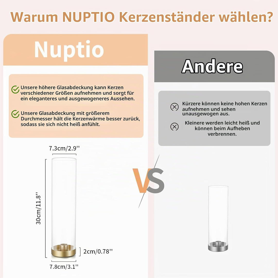 NUPTIO Kerzenständer Goldene Glaszylinder Metall- 10 Stücke Kegel Kerzenhalter Stabkerze Pack Kerzen