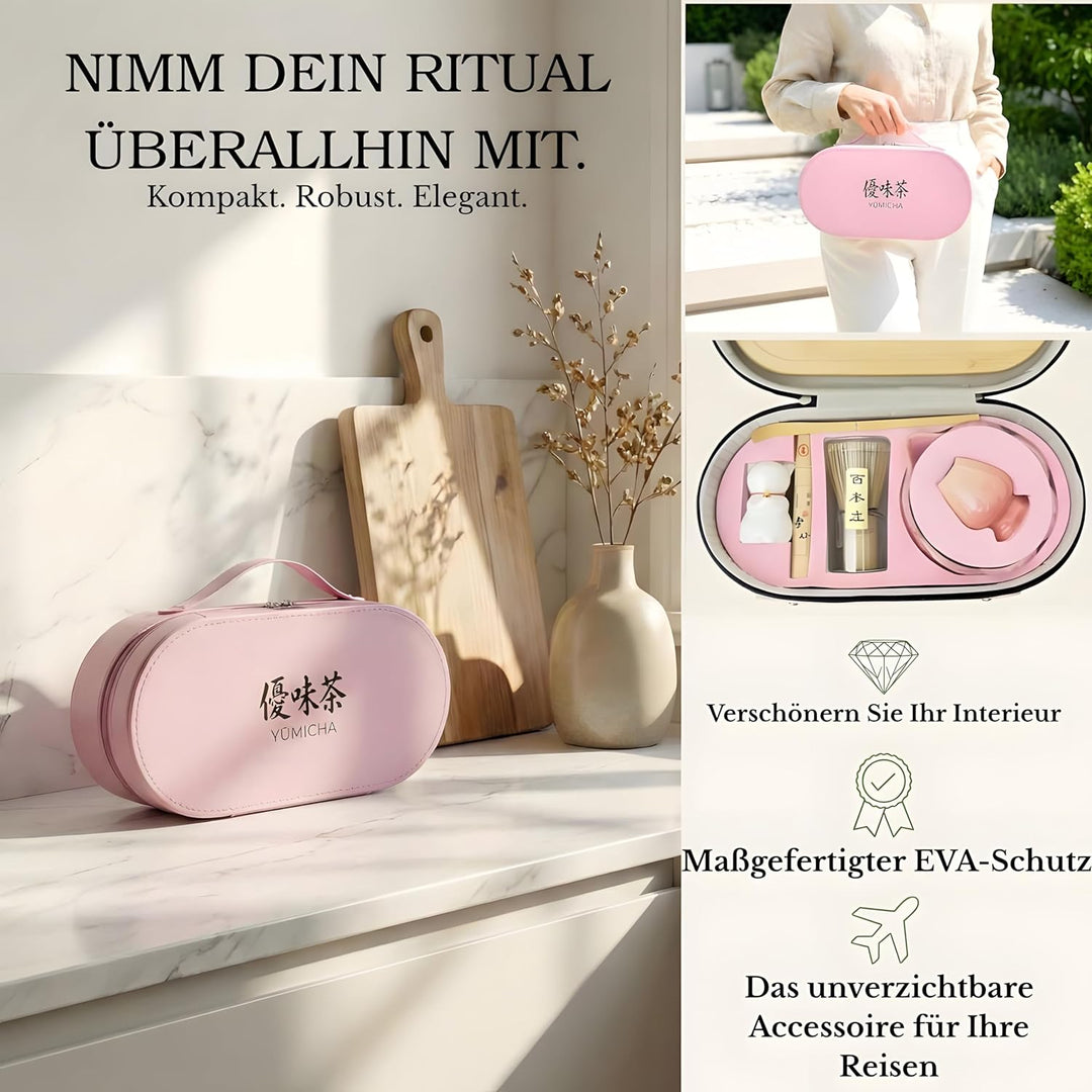 Matcha Set 10 – teilig – Rosa Koffer & Rosa Lotus-Schale – mit Bambusbesen, Löffel, Halter, Sieb – M