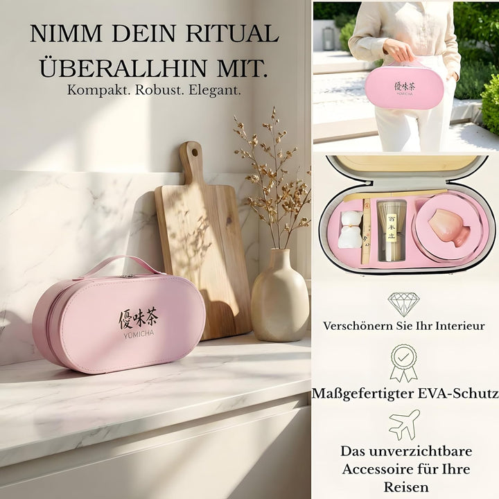 Matcha Set 10 – teilig – Rosa Koffer & Rosa Lotus-Schale – mit Bambusbesen, Löffel, Halter, Sieb – M
