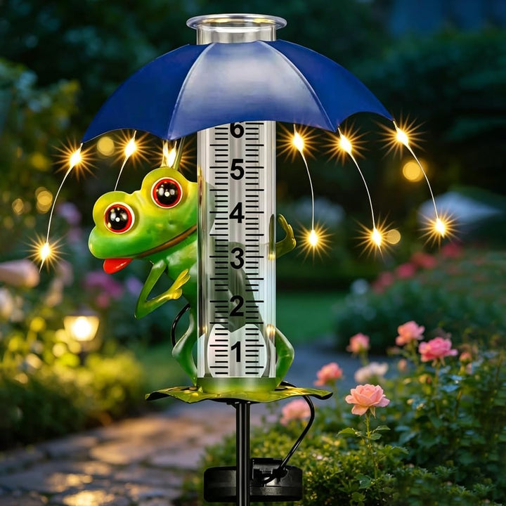 7-Zoll Regenmesser, Niederschlagsmesser mit Erdspiess und Solar-LED-Leuchten, Frosch Regenmesser Fro