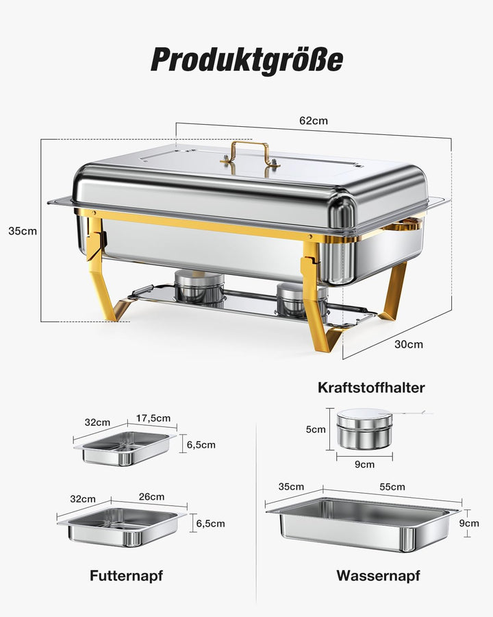 WARMOUNTS Silber & Gold Chafing Dish Buffet Set 9L, Edelstahl Speisenwärmer für Catering, Hochglanzp