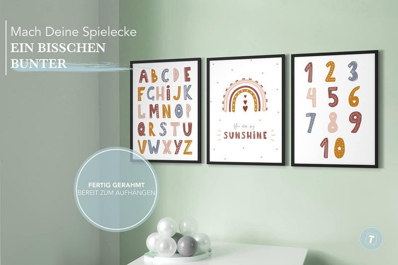 Papierschmiede® Kinderbilder 3er Set Lernposter, A4 gerahmt in Holzrahmen (schwarz), Geschenk für Mä