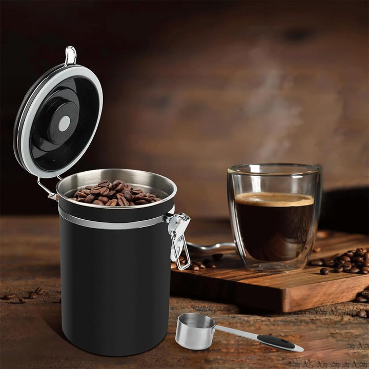Luftdichter Kaffeebehälter aus Edelstahl, 1,8L, mit Auslassventil, Vorratsdose für Kaffeebohnen, Nüs
