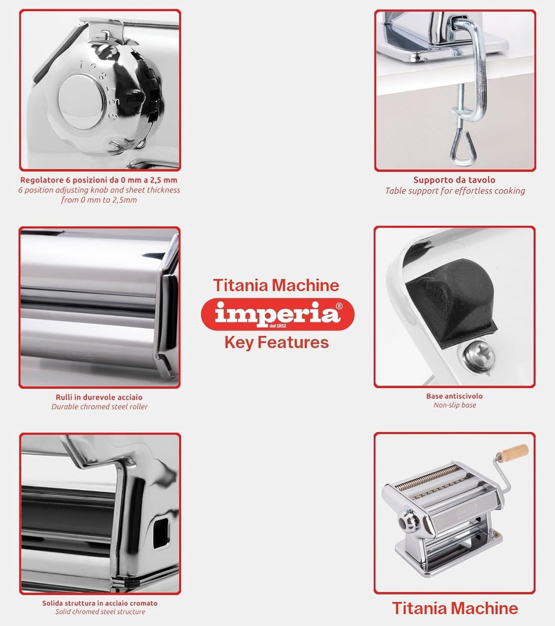 Imperia Titania. Nudelmaschine. 100% Made in Italy. Frische Nudelmaschine aus Stahl. Manueller Quers