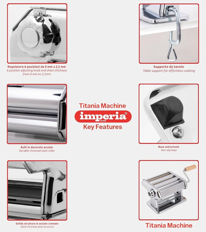 Imperia Titania. Nudelmaschine. 100% Made in Italy. Frische Nudelmaschine aus Stahl. Manueller Quers