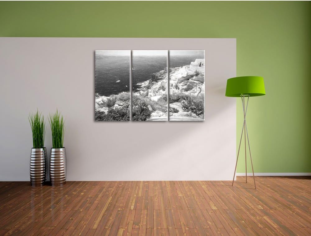 Pixxprint Griechische Küste Kohle Zeichnung Effekt 3-Teiler Leinwandbild 120x80 Bild auf Leinwand