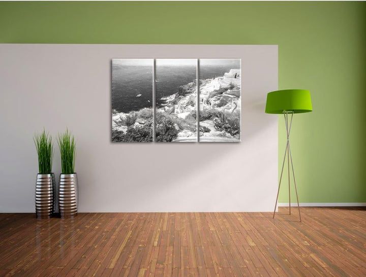 Pixxprint Griechische Küste Kohle Zeichnung Effekt 3-Teiler Leinwandbild 120x80 Bild auf Leinwand