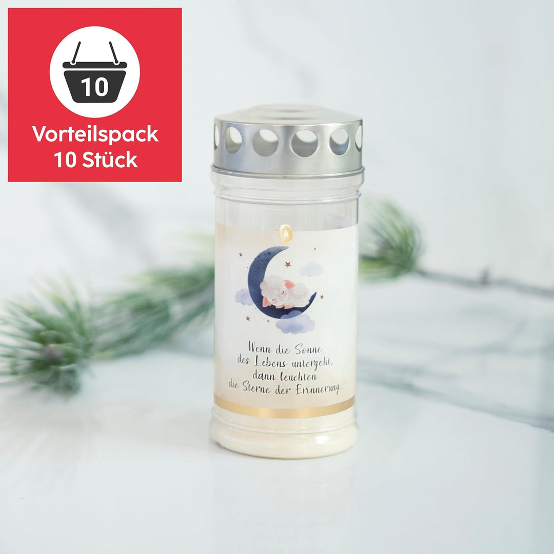 10er Set HOFER GRABKERZEN 4 Tage Brenndauer - Das Original [Sternenkind blau] Trauerkerzen mit Decke