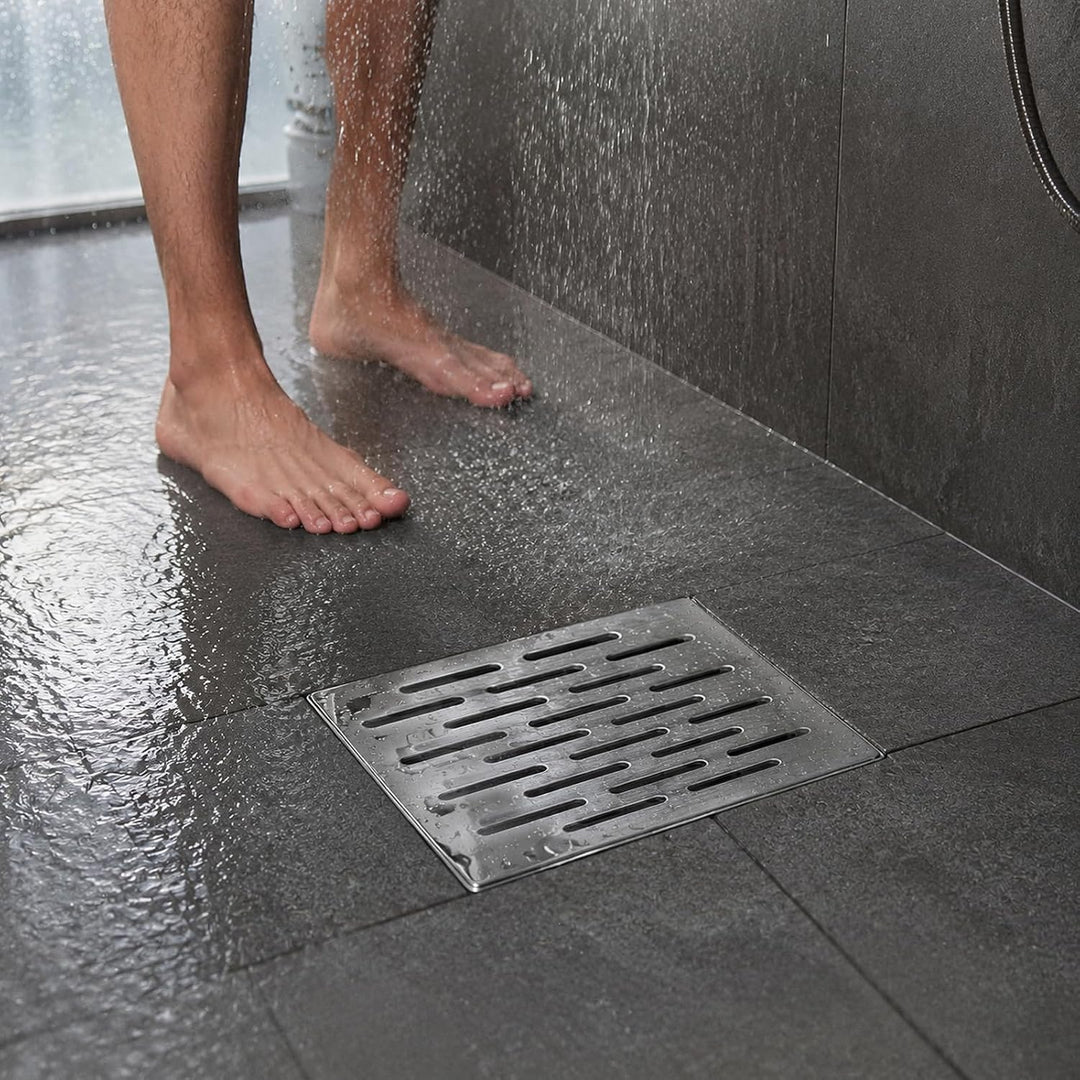 Edelstahl Bodenablauf mit Rahmen, 150x150x20MM Abflussgitter Quadratisch, Bodenablaufabdeckung rutsc