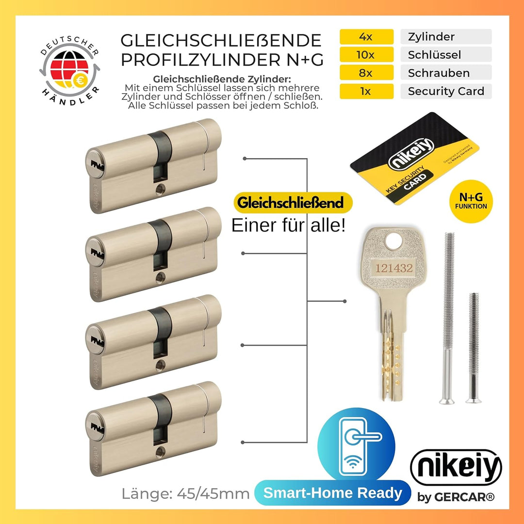 GERCAR Pro+ 4er Set Profil-Zylinder gleichschliessend 45/45 - N+G Schliesszylinder mit Not- und Gefa