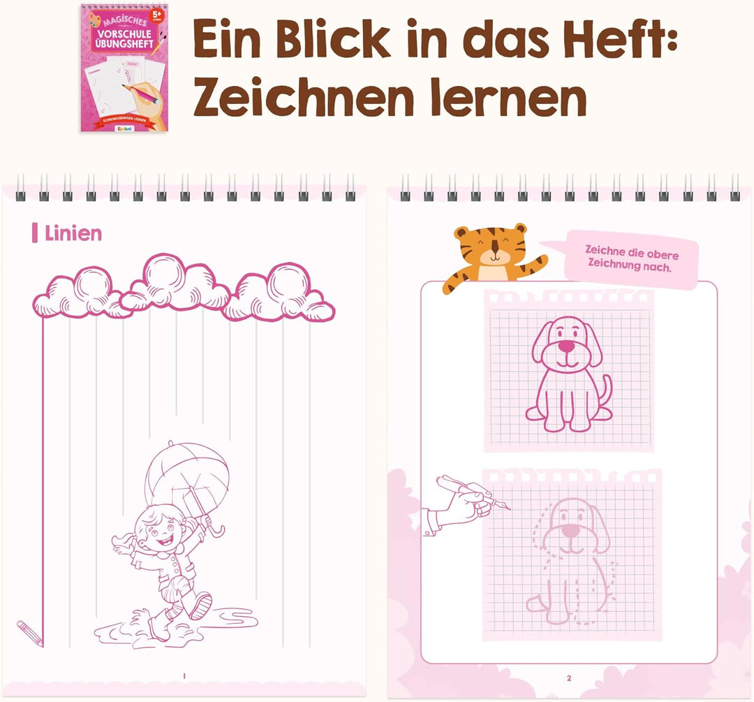 Edubini Magische Vorschule Übungshefte ab 5 Jahren für Junge & Mädchen - [Heft + Stift] - Wiederverw