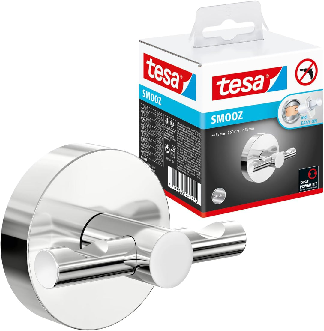 tesa SMOOZ Handtuchhaken, verchromter Edelstahl - Bad-Haken zur Wandbefestigung ohne Bohren, inkl. K