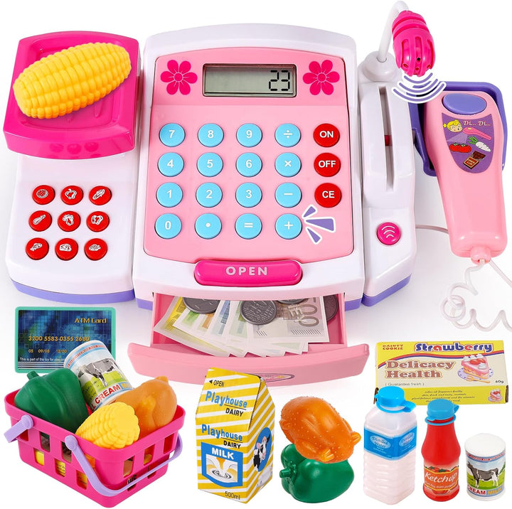 BUYGER Spielzeug Kasse Kinder mit Scanner Waage Mikrofon, Spielkasse mit Litchi und Sound, Kaufladen
