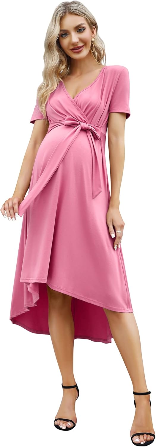 KOJOOIN Damen Umstandskleid Festlich Stillkleid V-Ausschnitt Kurzarm Schwangerschaftskleid mit Taill