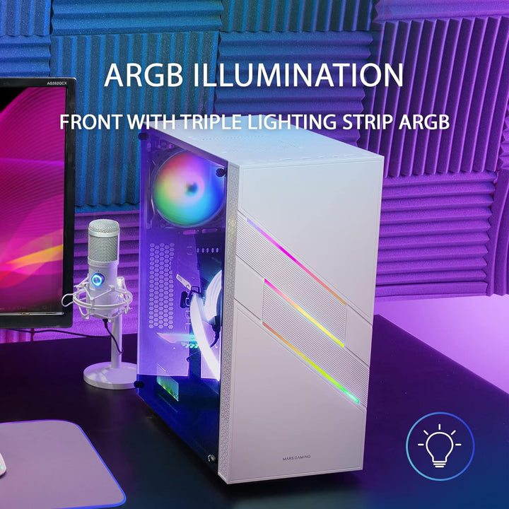 Mars Gaming MC-U3 Weiss, PC ATX XL Gehäuse, Front Triple ARGB, 12cm Lüfter, Gehärtetes Glasfenster,