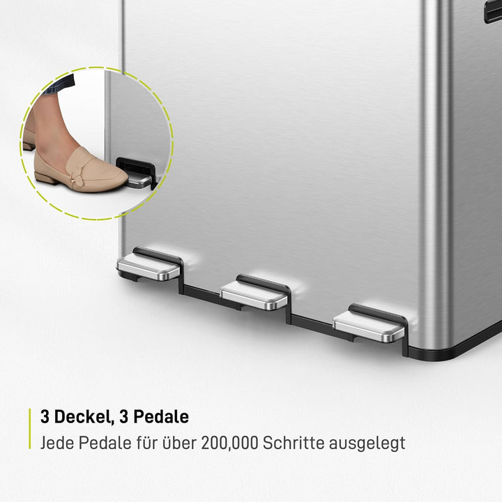 EKO Essential Mülleimer 3 Fächer, 3 x 20 L, Mülltrennsystem Küche, inklusive 20 Müllbeutel, Tretmüll