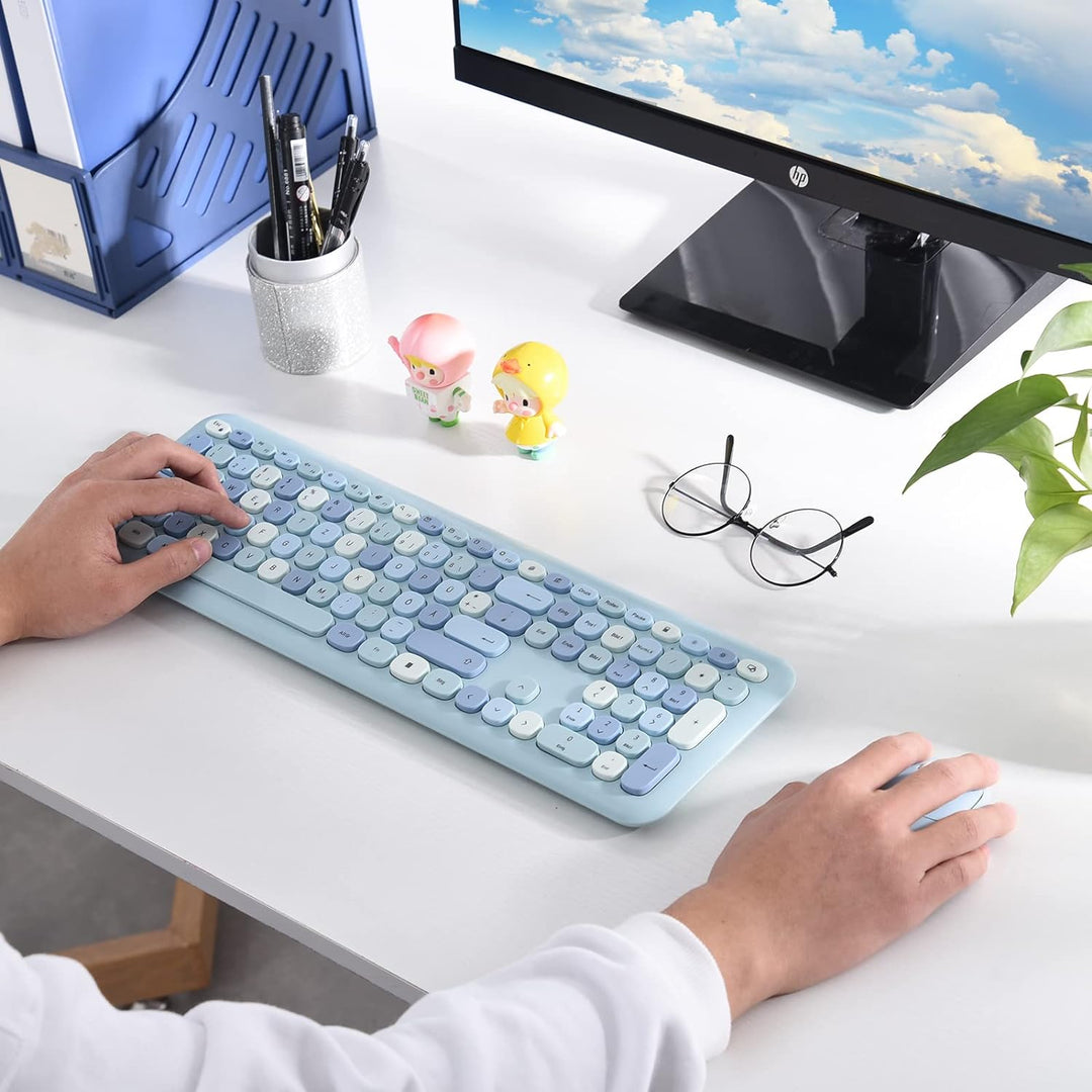 PINKCAT Tastatur Maus Set kabellos farbig, 2.4G Bunte Funktastatur mit Maus Retro Tastatur Cute Wire