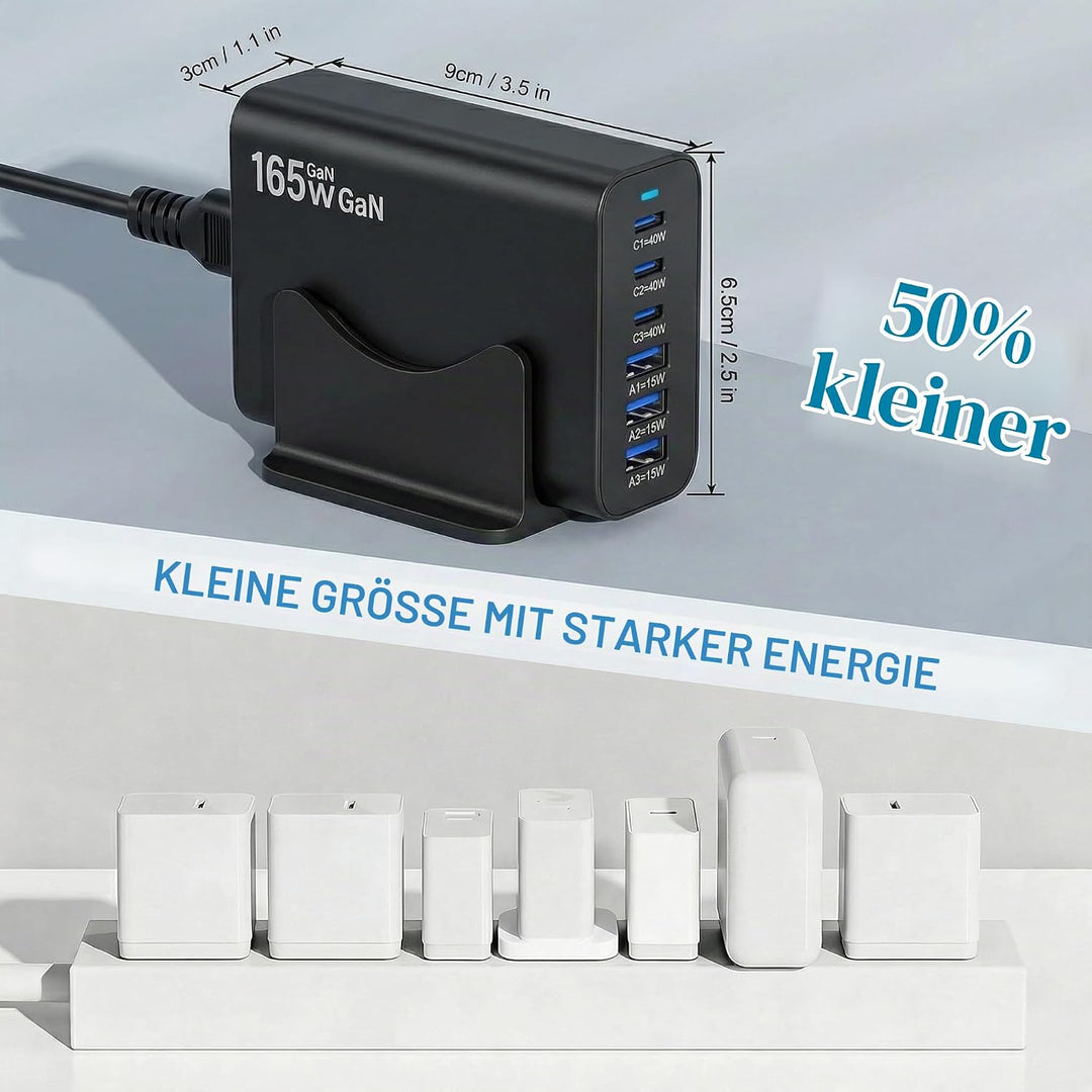 6 Ports Ladestation Schnellladegerät, 165W USB C Schnelllade Netzteil, PD Power GaN Ladegerät kompat