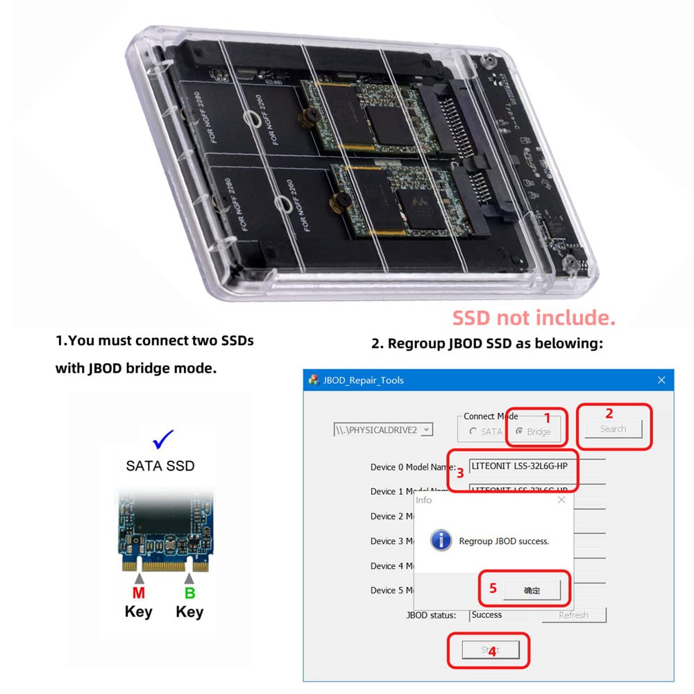 cablecc Dual NGFF B+M-Key M.2 SSD Karte JBOD Raid0 Span Bridge auf USB3.0 Typ-C USB-C 2.5inch SATA C