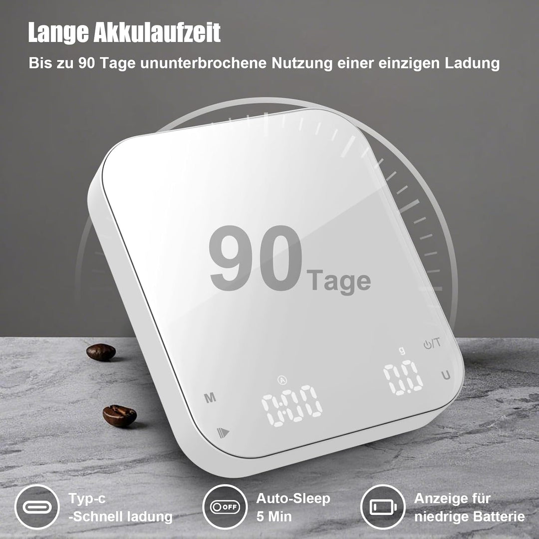 Diyife Kaffeewaage mit Automatischer, 3kg/0,1g Wiederaufladbare Espresso Waage mit 6 Masseinheiten,