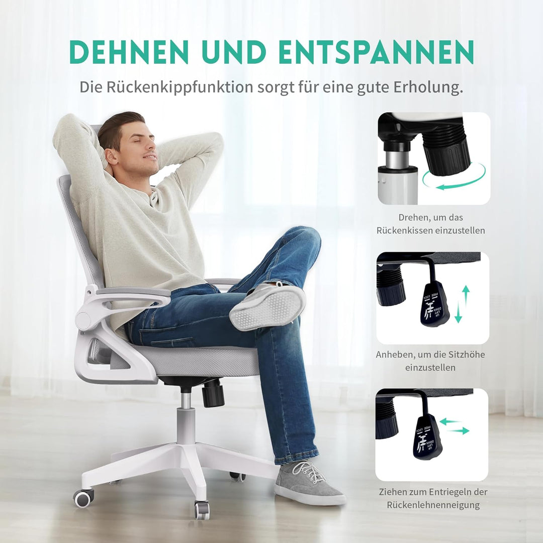 Bürostuhl Ergonomisch, S-förmiger Schreibtischstuhl mit Verstellbaren Armlehnen, Ergonomischer Büros