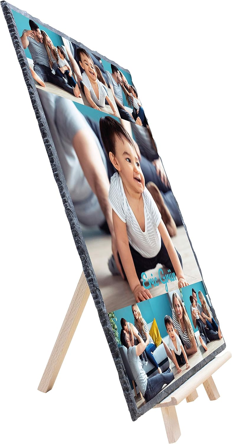 wandmotiv24 Schieferplatte mit eigenen Fotos zur Geburt, 20 x 30 cm, inklusive Staffelei, 7 Fotos +