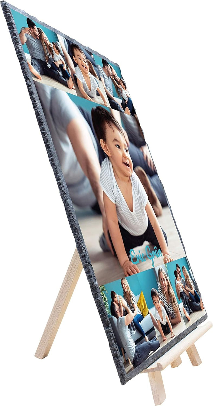 wandmotiv24 Schieferplatte mit eigenen Fotos zur Geburt, 20 x 30 cm, inklusive Staffelei, 7 Fotos +
